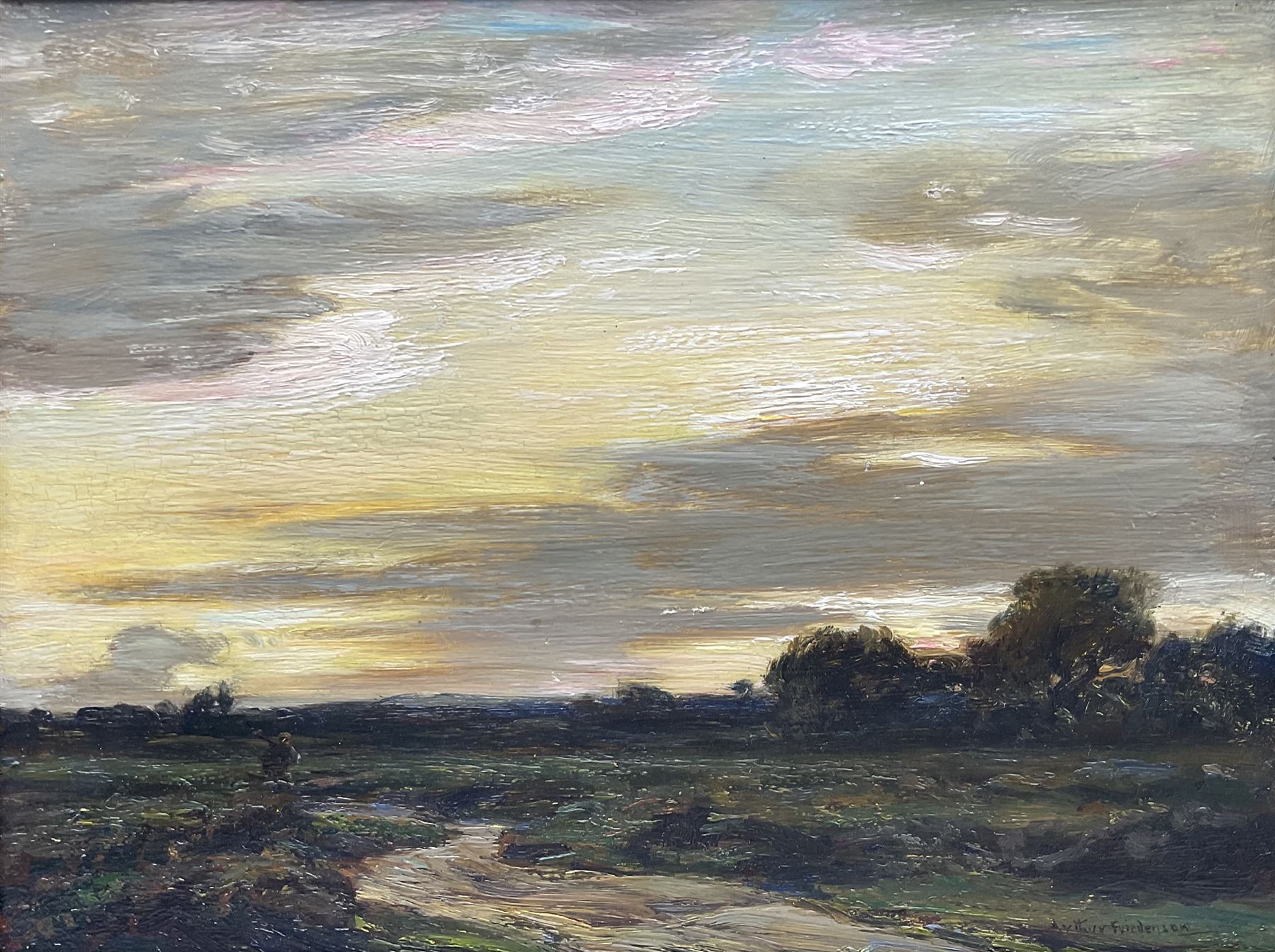 Arthur A Friedenson (Staithes Group 1872-1955): 'On Stoborough Common - Evening', oil on panel signed, titled verso 26cm x 35cm