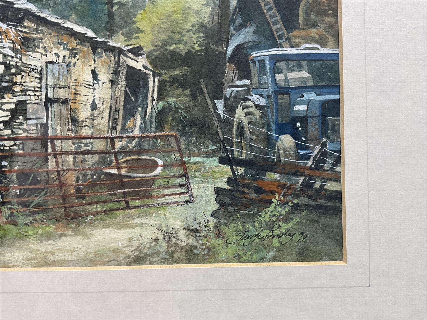George Busby (Northern British 1926-2005): The Farmyard, watercolour signed and dated '90, 18cm x 27cm