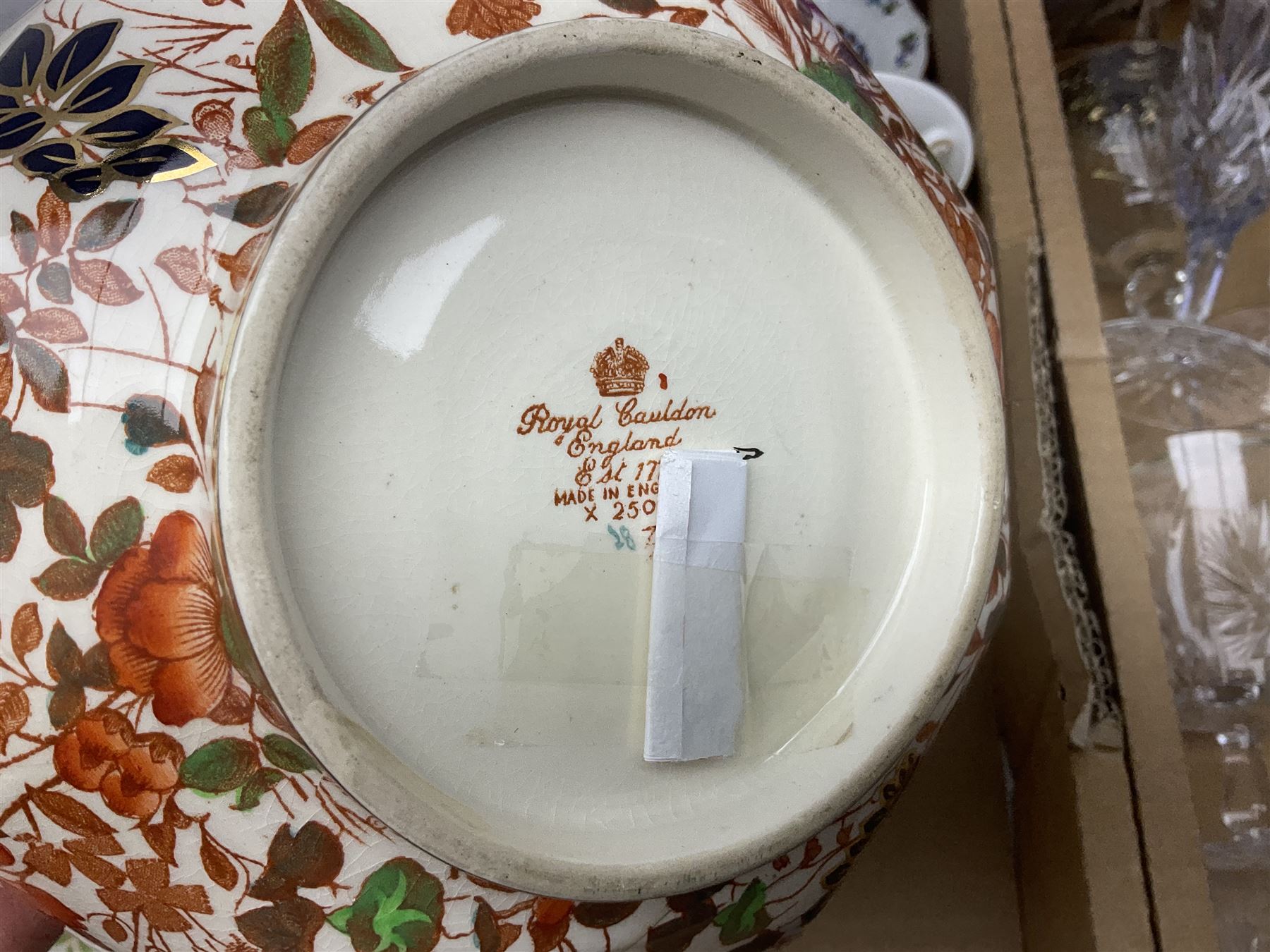 Large Coalport bowl in Hong Kong pattern, together with Coalport mask-head jug, Baccarat glass vase, and other glassware and ceramics, in three boxes 