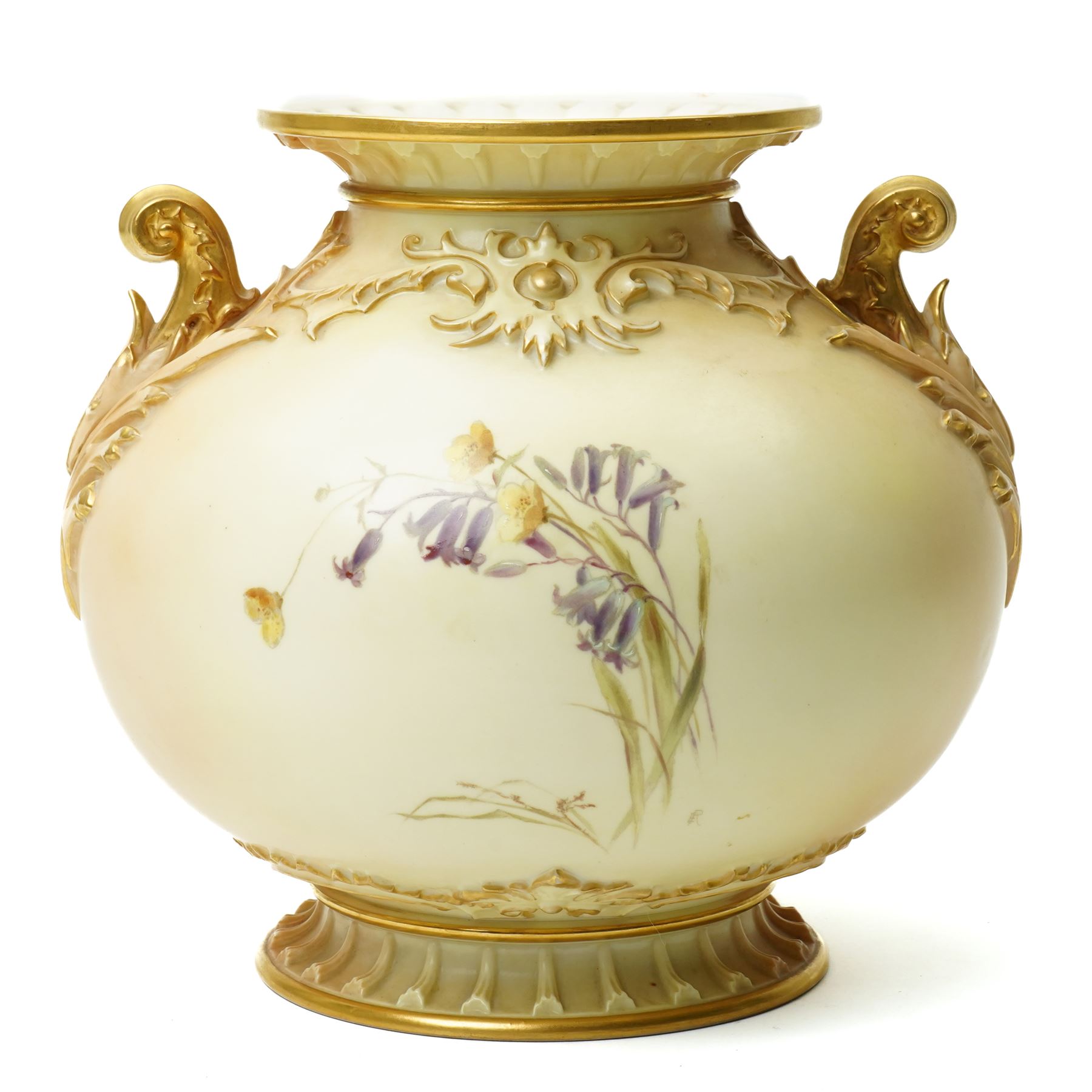Late Victorian Royal Worcester vase of baluster design with gilt handles and painted with flowers on a blush ivory ground H22cm, date code for 1892