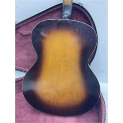 1950s Framus arch top acoustic guitar with sunburst finish and Framus logo to top, No.1937 L104cm; in hard carry case.