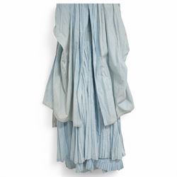 Victorian ladies button-down bodice and skirt, in blue and white striped fabric with pleated detailing, the skirt with gathered bustle back