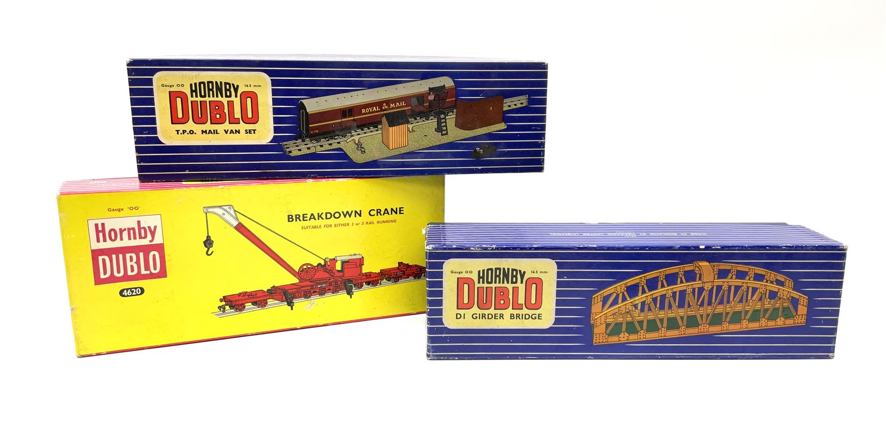Hornby Dublo - Breakdown Crane No.4062 boxed with screw jacks; D1 Girder Bridge, boxed; and T.P.O. Mail Van Set, boxed with instructions, mail bags, switch and tested tag (3)