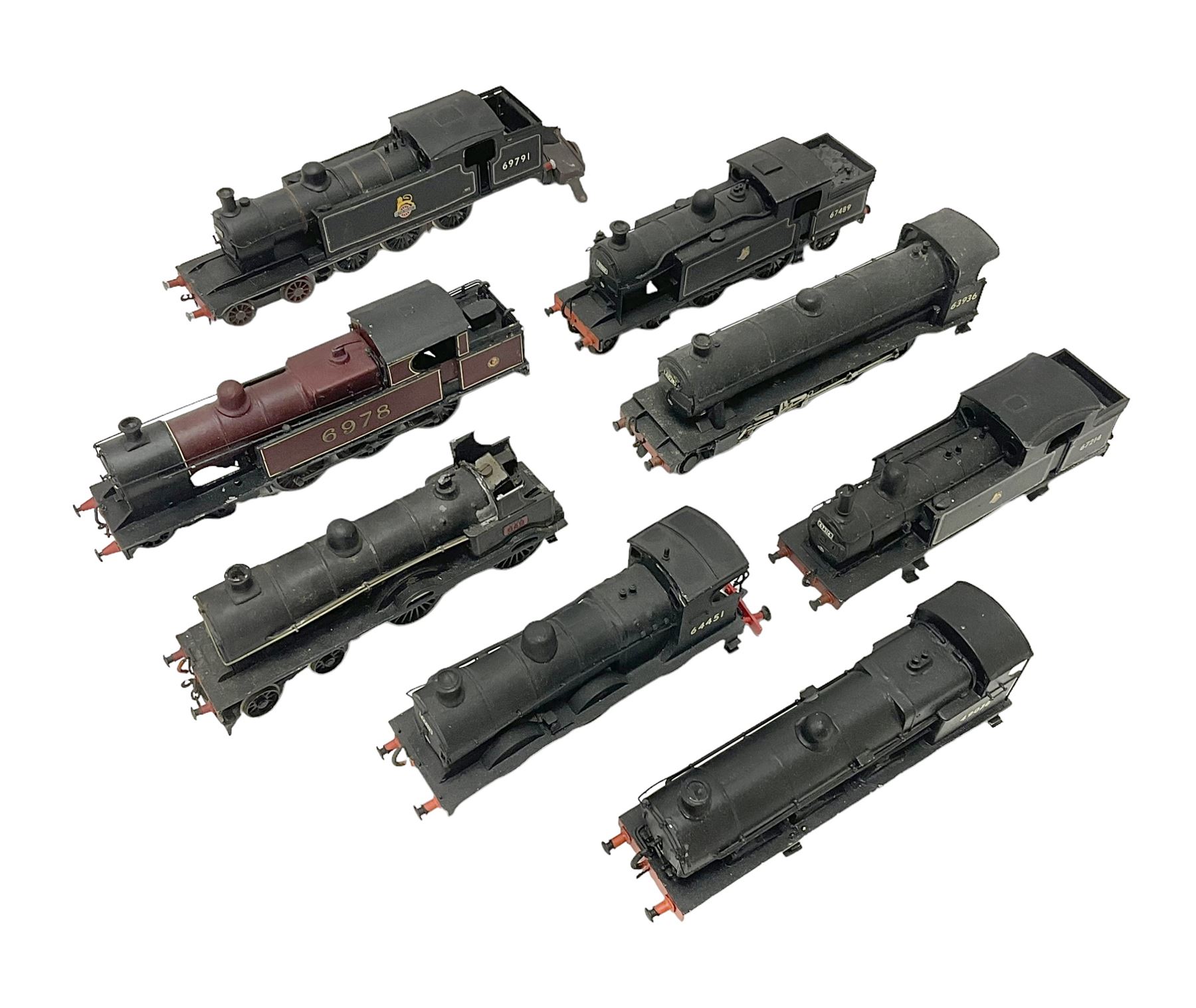 ‘00’ gauge - eight kit built steam locomotives, mostly for restoration comprising LNWR/LMS Whale G Class 0-8-0 no.49078 in BR black; Class J11 (Pom-Pom) 0-6-0 no.64451 in BR black; Class F4 2-4-2T no.67214 in BR black; Precursor Tank Whale ‘Dreadnought’ 4-4-0 no.659 in black; Class O2 2-8-0 no.63936 in BR black; Class A4 4-6-2T no.6978 in LNER crimson; Class C16 4-4-2T no.67489 in BR black; Class A6 4-6-2T no.69791 in BR black (8) 