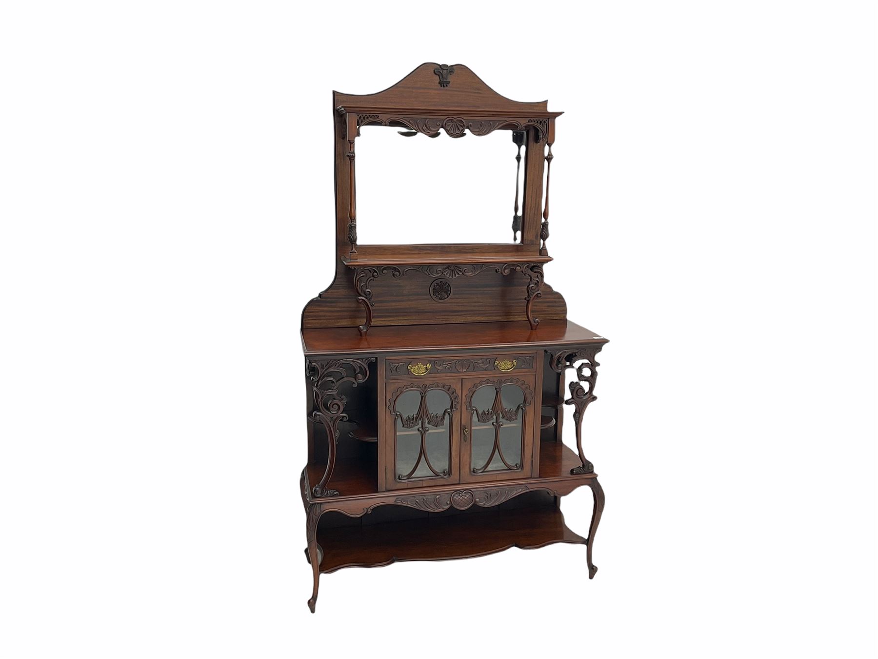 Late Victorian Empire style walnut mirror back sideboard, two glazed centre cupboards with drawer drawer