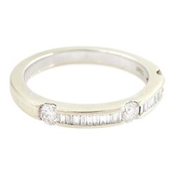 18ct white gold diamond half eternity ring, three round brilliant cut diamonds spaced by channel set, baguette cut diamonds, Sheffield 2005, total diamond weight 0.47 carat