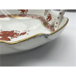 Herend Chinese Bouquet Rose pattern tea service comprising teapot, coffee pot, open sucrier, six cups and saucers, six tea plates, cream jug and stand, milk jug, two teabag holders, preserve pot, two leaf shaped dishes, four egg cups, salt & pepper pots, pair side plates and another plate