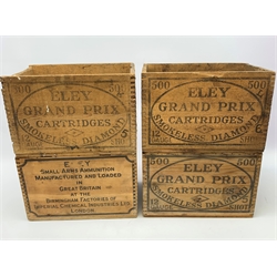 Four vintage Eley cartridge wooden crates each with stencilled decoration 35 x 24 x 23cm; now containing old used metal cartridges and caps etc (4)
