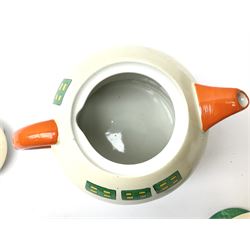 Shelley Boo Boo three piece tea set designed by Mabel Lucie Attwell, comprising teapot modelled as a house, sugar bowl modelled as a toadstool, and creamer modelled as an elf, each with printed marks beneath, together with a Shelley Mabel Lucie Attwell teacup and saucer. 