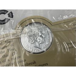 Three The Royal Mint United Kingdom fine silver twenty pound coins, comprising 2014 'Outbreak', 2015 'The Longest Reigning Monarch', 2016 'The 90th Birthday of Her Majesty the Queen', all on cards