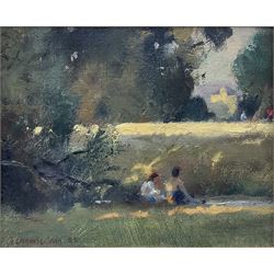 Trevor Chamberlain (British 1933-): 'Summer Day', oil on canvas board signed and dated '83, titled verso with artist's address 16cm x 20cm