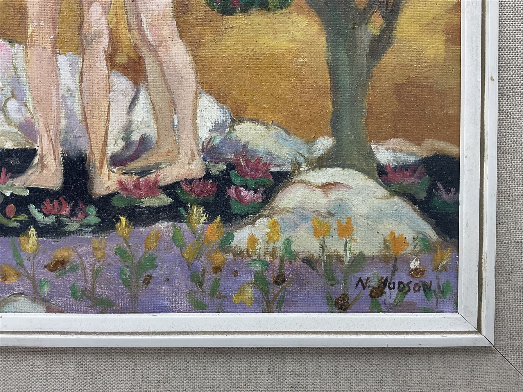 Attrib. Anna 'Nan' Hope Hudson (American 1889-1957): 'Expulsion', oil on board signed, titled on exhibition label verso 44cm x 39cm