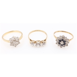  Cubic zirconia cluster gold ring hallmarked 14ct, and two gold dress rings hallmarked 9ct  