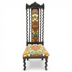 19th century Carolean design oak hall chair, carved cresting rail over barley-twist uprights, high back and loose seat upholstered in wool-work foliate tapestry (W46cm H116cm); 19th century elbow chair mahogany with spiral turned centre rail and roundel-applied frieze (W56cm H85cm)