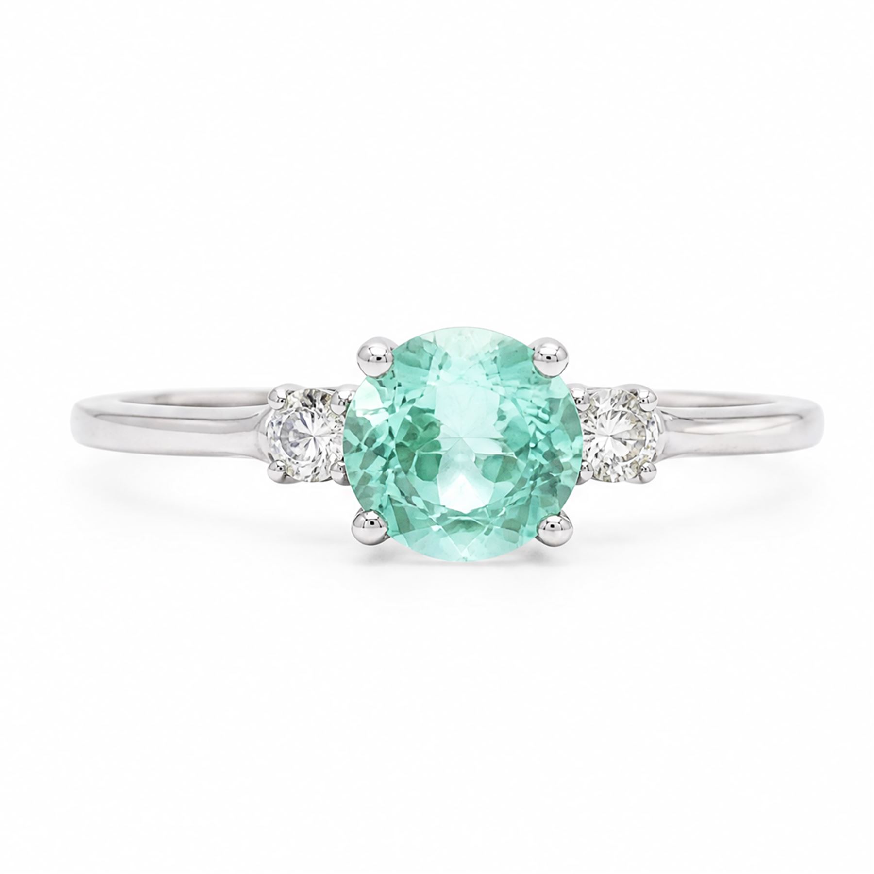 18ct white gold Paraiba tourmaline and diamond three stone ring, single round cut tourmaline of approx 1.50 carat, with a single round brilliant cut diamond set either side, hallmarked, total diamond weight approx 0.15 carat