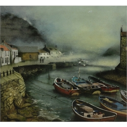  John Emerson (British Contemporary): Cobles at Staithes, oil on canvas signed 53cm x 58cm (unframed)  