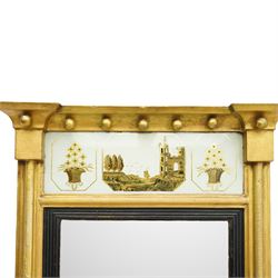 Regency giltwood pier mirror, projecting moulded cornice with ball mounts, the glazed frieze decorated with coastal ship and castle scene and flanked by to floral baskets, ebonised reeded slip enclosing bevelled mirror plate