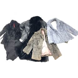 Ladies grey coney fur jacket, size 14,  black fur coat with brown leather belt, size 12, long fur lined leather coat, dark grey ladies fur coat, size 12 and fur stole, make DourD.  