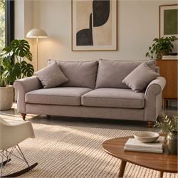 Next - contemporary four-seater sofa, upholstered in lilac fabric, square back with scroll...