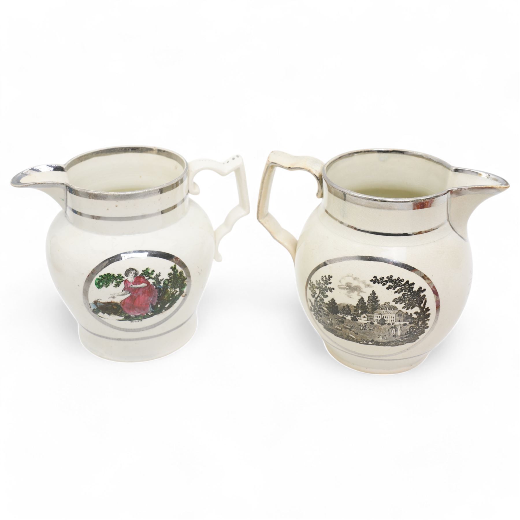 Victorian lustre and Prattware, including a pearlware Bacchus jug and hidden frog cup in the form of a Satyr, together with three other jugs, tallest H12.5cm (6)