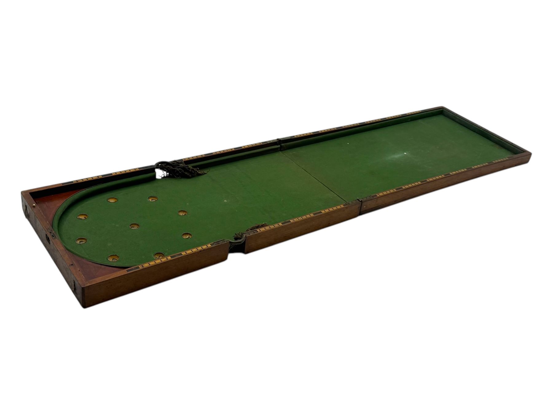 19th century mahogany cased bagatelle board, hinged case opening to reveal baize playing surface 