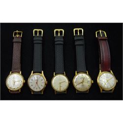 Five plated and stainless steel manual wind wristwatches including Oris, Aristo, Onsa, Majex and Craftsman