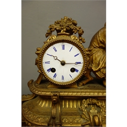  Late 19th/early 20th century gilt metal figural mantel clock, with maiden playing the harp, floral swags and scrolls, W36cm  