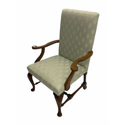 Georgian style stained beech frame open armchair, on cabriole supports joined by turned stretchers, upholstered in light blue fabric