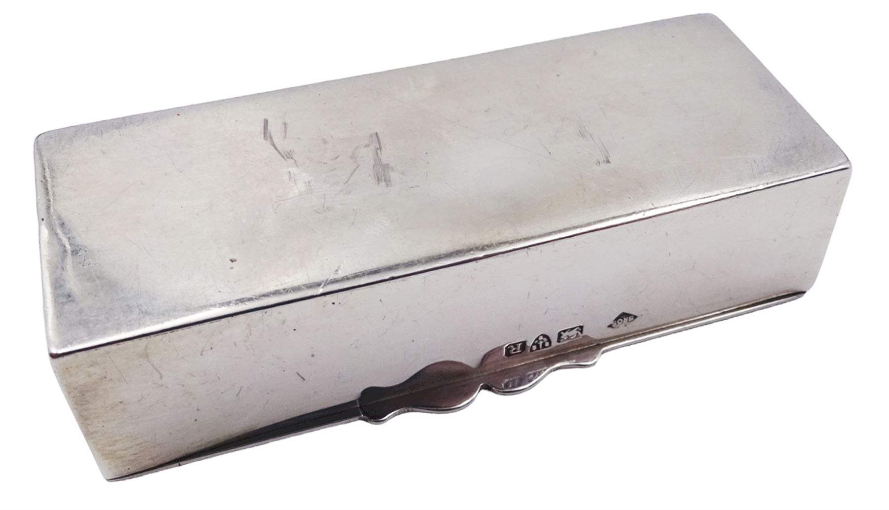 Late Victorian silver stamp box, of plain rectangular form, the hinged cover engraved 'Stamps', opening to reveal a gilt interior, hallmarked Mappin Brothers, Chester 1900, L7.5cm, approximate weight 1.89 ozt (58.8 grams)