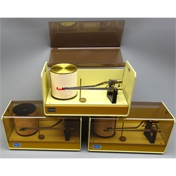  Casella Ltd. Thermo-Hydrograph, with brass clockwork 7D 24H R8D drum, two others battery operated, cream metal cases with smoked perspex covers and chrome handles, W29cm, H16.5cm, D14cm (3)  