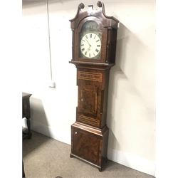Victorian inlaid mahogany longcase clock, the hood with swan neck pediment and turned pilasters, Roman dial painted with country scene and signed 'Wm Kneeshaw, Pickering', 30-hour movement striking on a bell, H227cm (with weight and pendulum (suspension damaged))