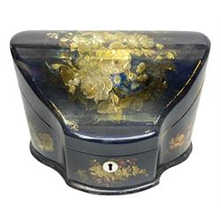 Victorian papier-mâché stationary box, of rounded wedge form with mother of pearl escutcheon, the hinged and curved cover and sides hand painted with floral sprays, opening to reveal a lined and fitted interior, H15cm L22cm D16cm
