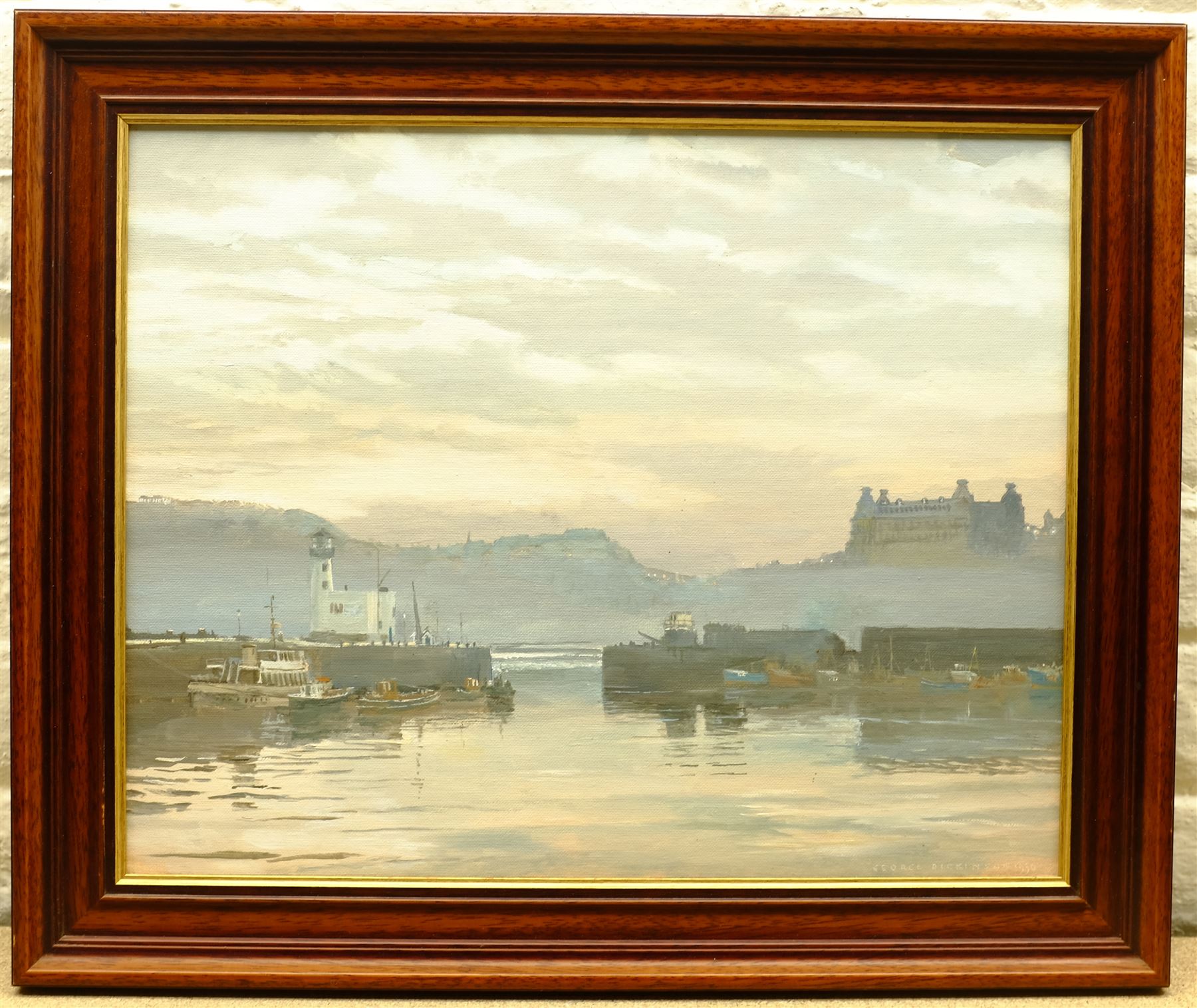 George Dickinson (British 20th century): Scarborough Harbour at Dusk, oil on board signed and dated 1990, 40cm x 50cm