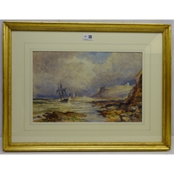  Robert Ernest Roe (British 1852-1921): 'The Brig Mary & Agnes in Distress off Whitby Sands', watercolour signed 27cm x 42cm  Notes: the 'Mary & Agnes' was bound from London to Newcastle when she was caught in a North Easterly between Sandsend and Whitby on 24th Oct.1885   