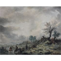 Attrib. Philips Wouwerman (Dutch 1619-1668): Figures with Horses by a Stream, watercolour unsigned 34cm x 43cm