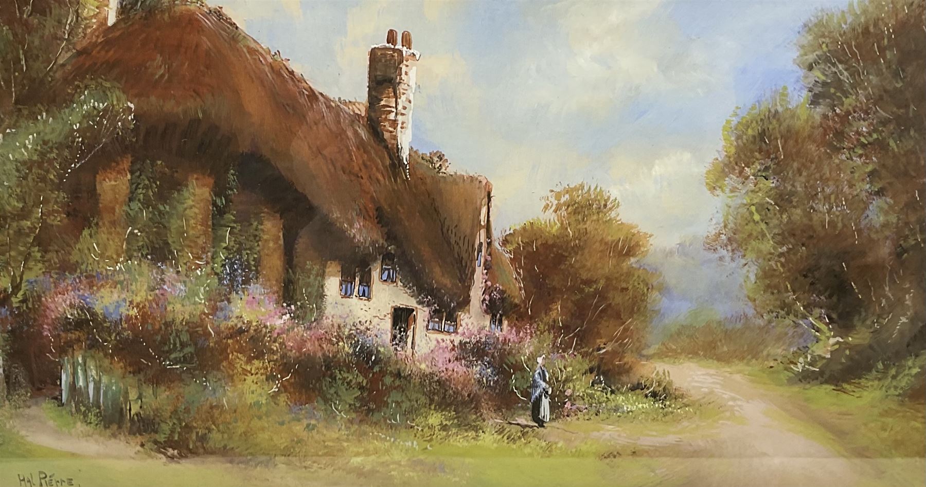 Hal Pierre (19th century): Figure before a Thatched Cottage, gouache signed 19cm x 35cm