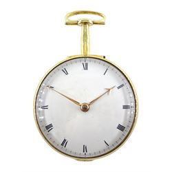 George III gilt pair cased verge fusee pocket watch by George Flote, Islington London, No. 1790, round baluster pillars, pierced and engraved cock balance, white enamel dial with Roman numerals, bull's eye glass, case makers mark I.N, with a fabric watchpaper embroidered with 'Oft let us meet in thought'