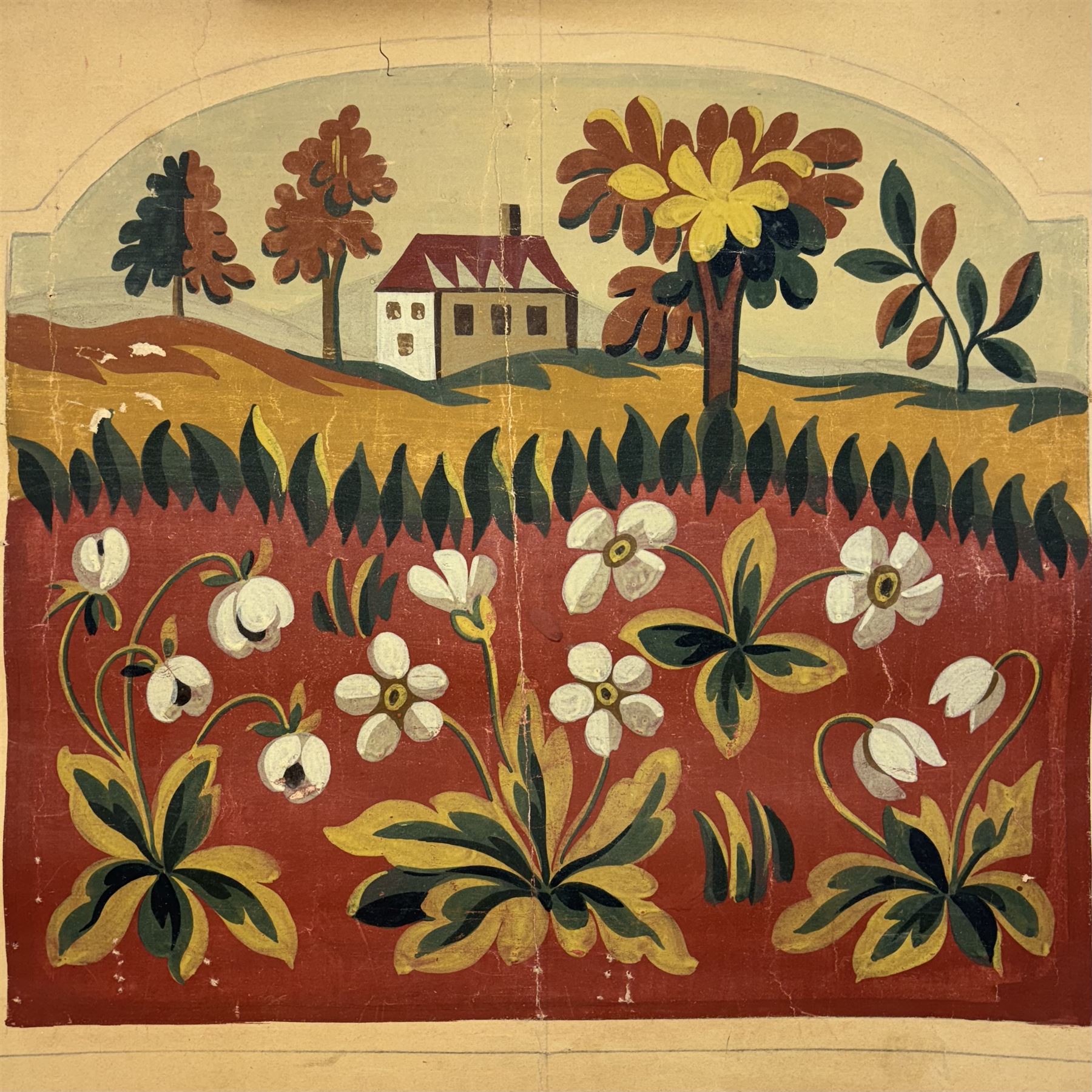 Two French 19th century Aubusson tapestry templates or Cartoons, decorated with scenes of châteaux and flowers in watercolour and bodycolour, largest 47cm x 52cm (2) Provenance: purchased Robert Four gallery, Paris, 2012. 
Notes: Templates such as these demonstrate the original vibrancy of tapestries that would have faded over time. After being pinned and used as a reference by the weavers, they would be stored. Very few remain. 