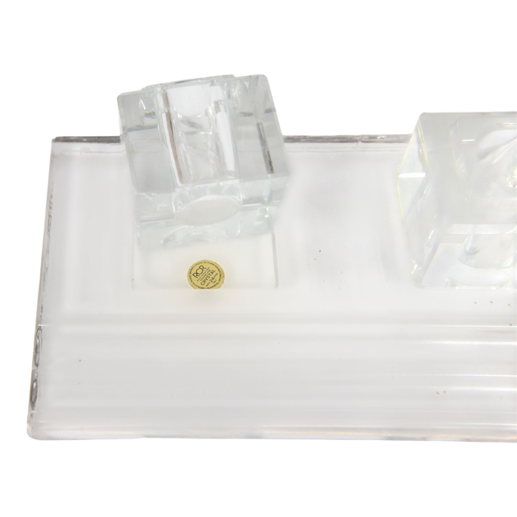 RCR lead crystal Art Deco style desk stand, with two square inkwells and two pen trays, H7cm, W28cm