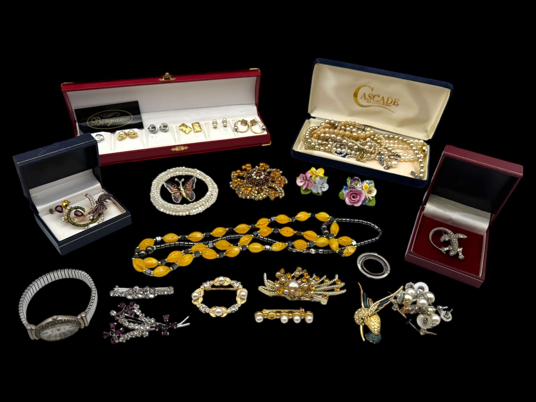 Four pairs of 9ct gold stud earrings, silver stone set stud earrings and a collection of costume jewellery brooches and bead necklaces