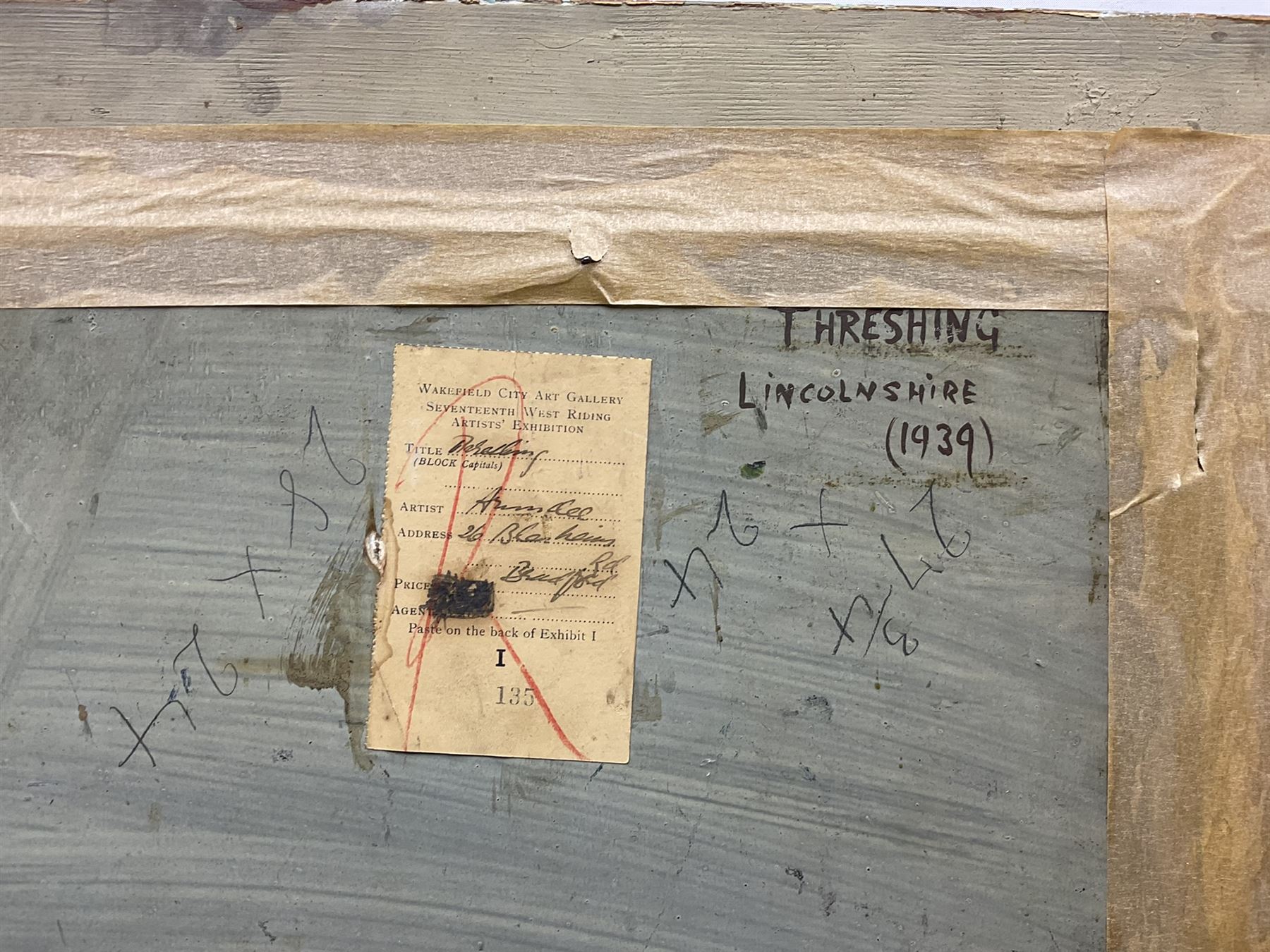 James Arundel (British 1875-1960): 'Threshing - Lincolnshire', oil on panel signed, titled and dated 1939 verso 59cm x 69cm
Provenance: exh. Wakefield City Art Gallery 'Seventeenth West Riding Artists Exhibition', labelled verso with artist's Bradford address