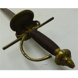  French Sword, 84.5cm straight tapering steel blade, wire bound grip with plain brass quillon, solid guard, L105cm  