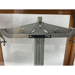 Griffin & George set of laboratory scales in fully glazed hardwood cabinet with rise-and-fall front door L44.5cm H40cm; with beech box of brass weights by Philip Harris & Co Ltd