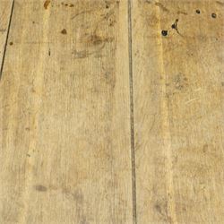 19th century oak and pine cricket table, circular plank top on painted base, tapering supports