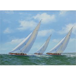 George Drury (British 1950-): J Class Yachts 'Velsheda' 'Endeavour' and 'Shamrock V 1935', oil on canvas board signed, titled verso 42cm x 57cm