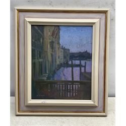 Raymond Oliver (British 1933-): 'The Grand Canal from the Guggenheim Museum', oil on canvas board signed, titled verso 29cm x 24cm 