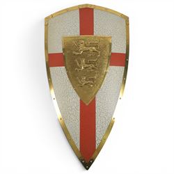 Five wall hangings, modelled as shields, decorated to the centre in relief with three lions 
