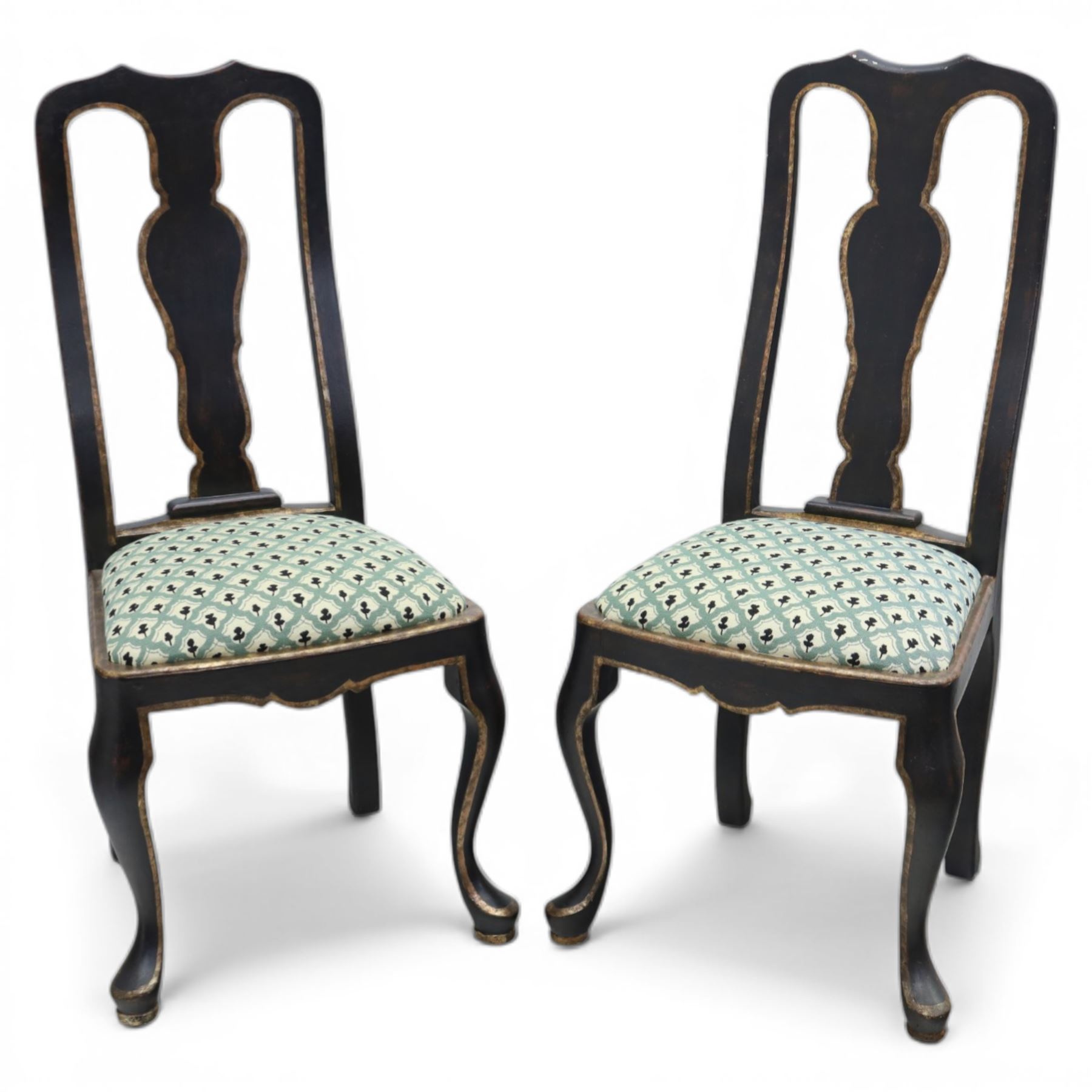 Pair of ebonised and parcel-gilt Queen Anne design side chairs