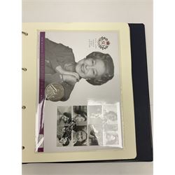 Stamp and coin covers, including 2006 'Her Majesty Queen Elizabeth II 80th Birthday' containing five pounds coin, first day covers relating to Diana Princess of Wales etc, housed in a ring binder folder