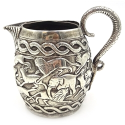  Early 20th century Indian silver jug, embossed with hunting scene, approx 5oz   